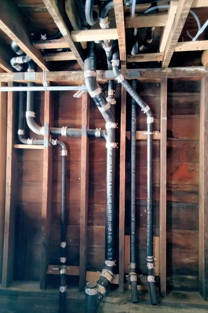 Combination storm and sanitary drain stack top-out with powder room rough-in in San Francisco remodel.