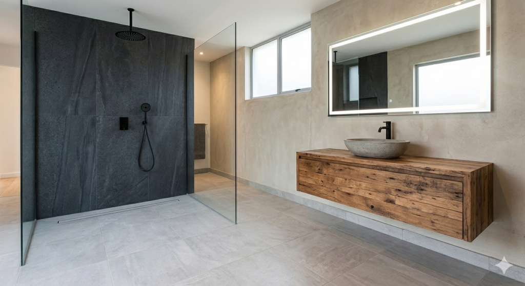 Large curbless shower with wood-look accent tiles, polished concrete floors, and a matte black rainfall showerhead.
