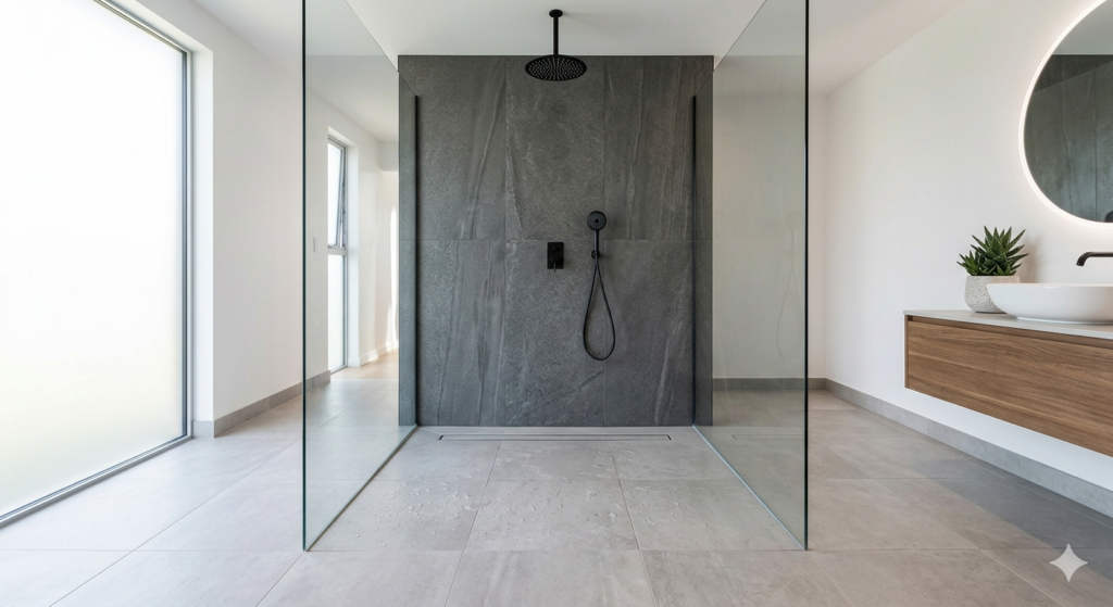 A large-format matte grey porcelain tile wet room with a curbless shower, linear drain, and frameless glass partition.