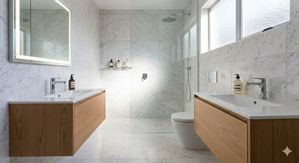 Small luxury bathroom with continuous white marble tiling, a curbless walk-in shower, and a light oak floating vanity.