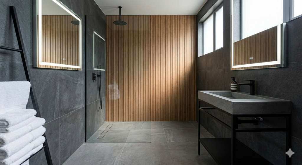 Industrial style small bathroom featuring dark grey tiles, a wood-slat shower wall, and a minimalist black vanity frame.